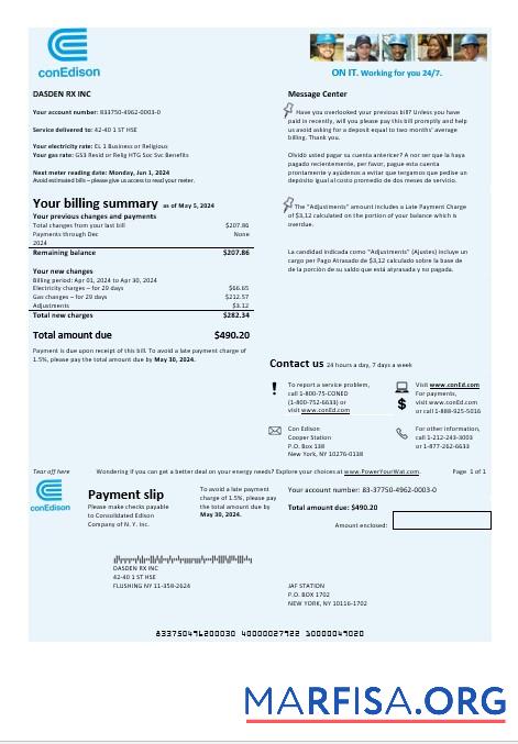 Downloadable USA Con Edison electricity business utility bill template in Word and PDF formats